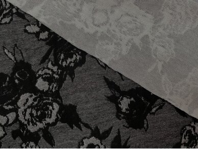 Žakardas trikotažinis, gėlių rašto, juodai-pilkas